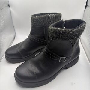 JSport Ankle Boots Womens Black Leather Round Toe Side Zip Buckle Comfort - 7.5